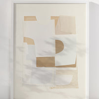 1: An abstract artwork with layers of cutout paper in neutral tones.