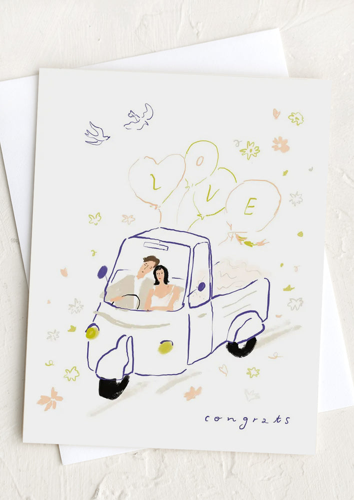 1: A greeting card with illustration of man and woman in a Calessino cart.