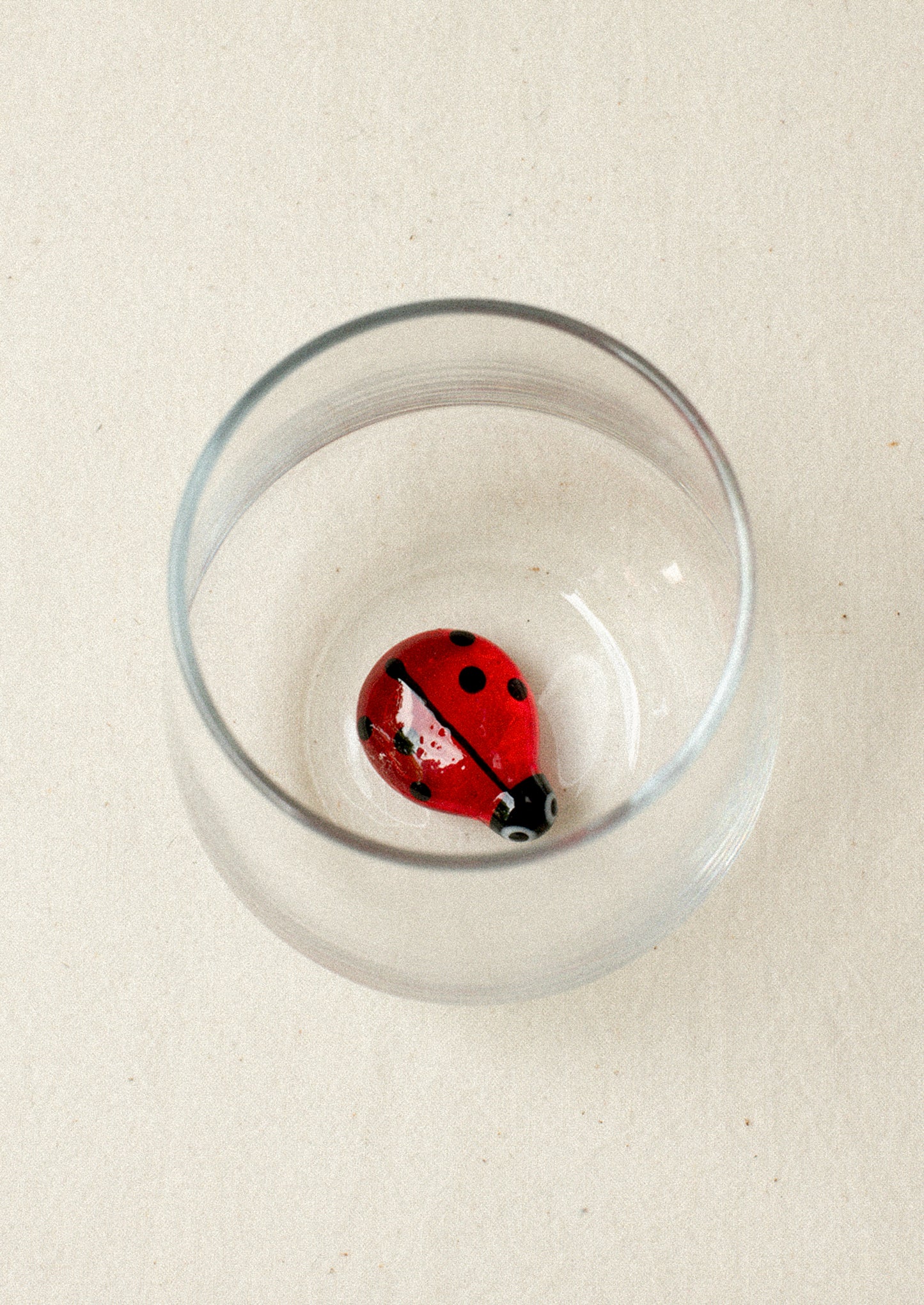 A clear tumbler glass with lampwork ladybug detail at inner bottom.