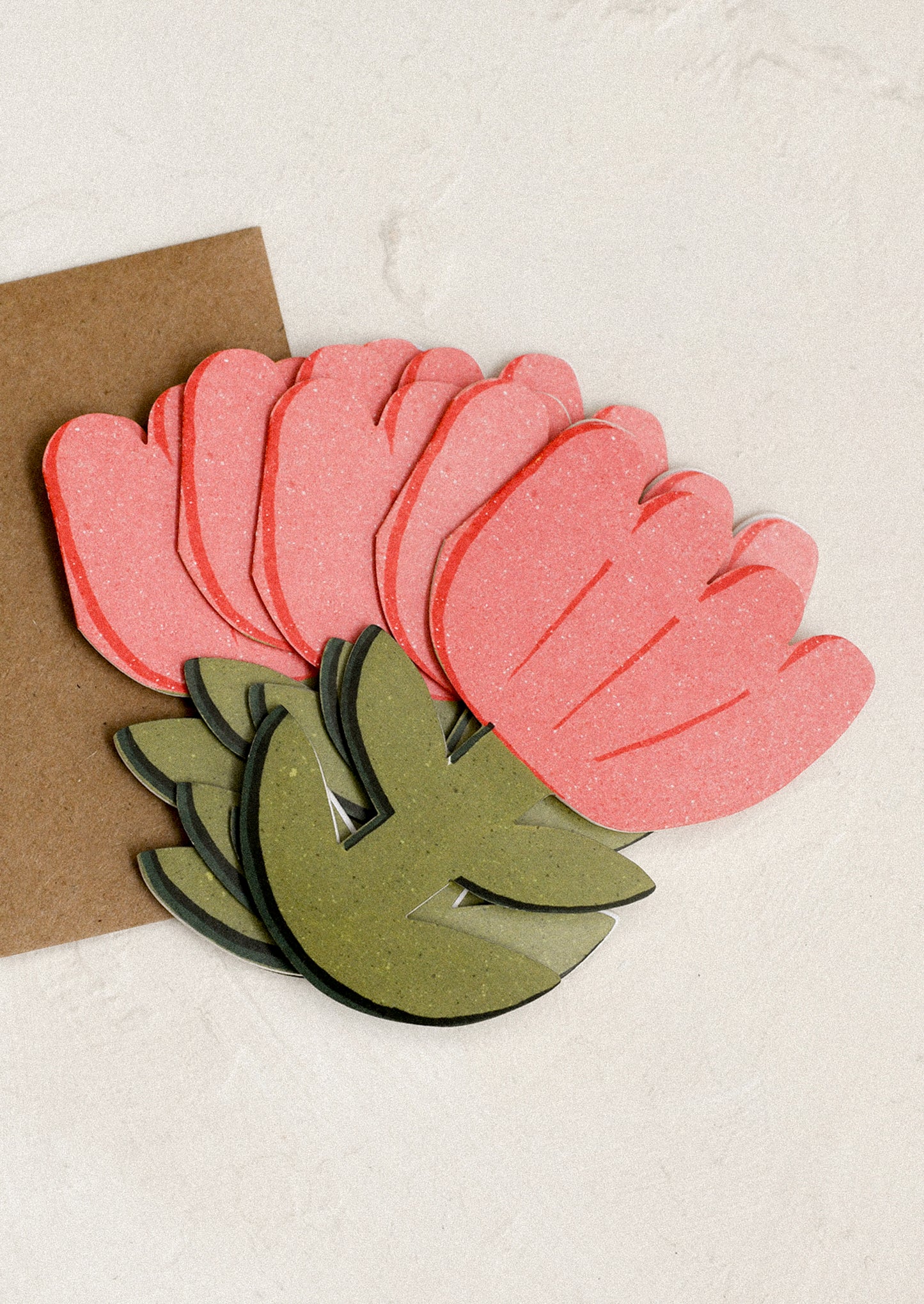 Set of pink and green tulip shaped mini cards.