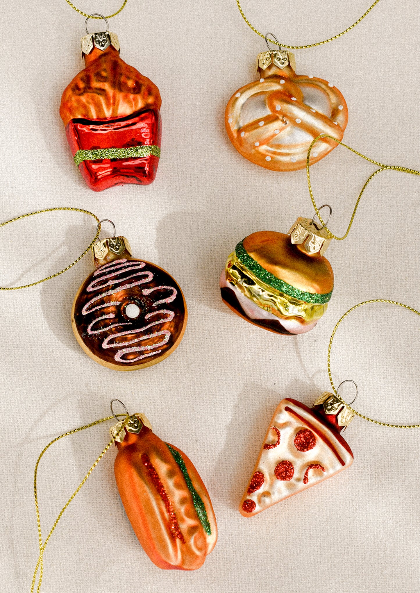 Decorative food-themed Christmas ornaments.
