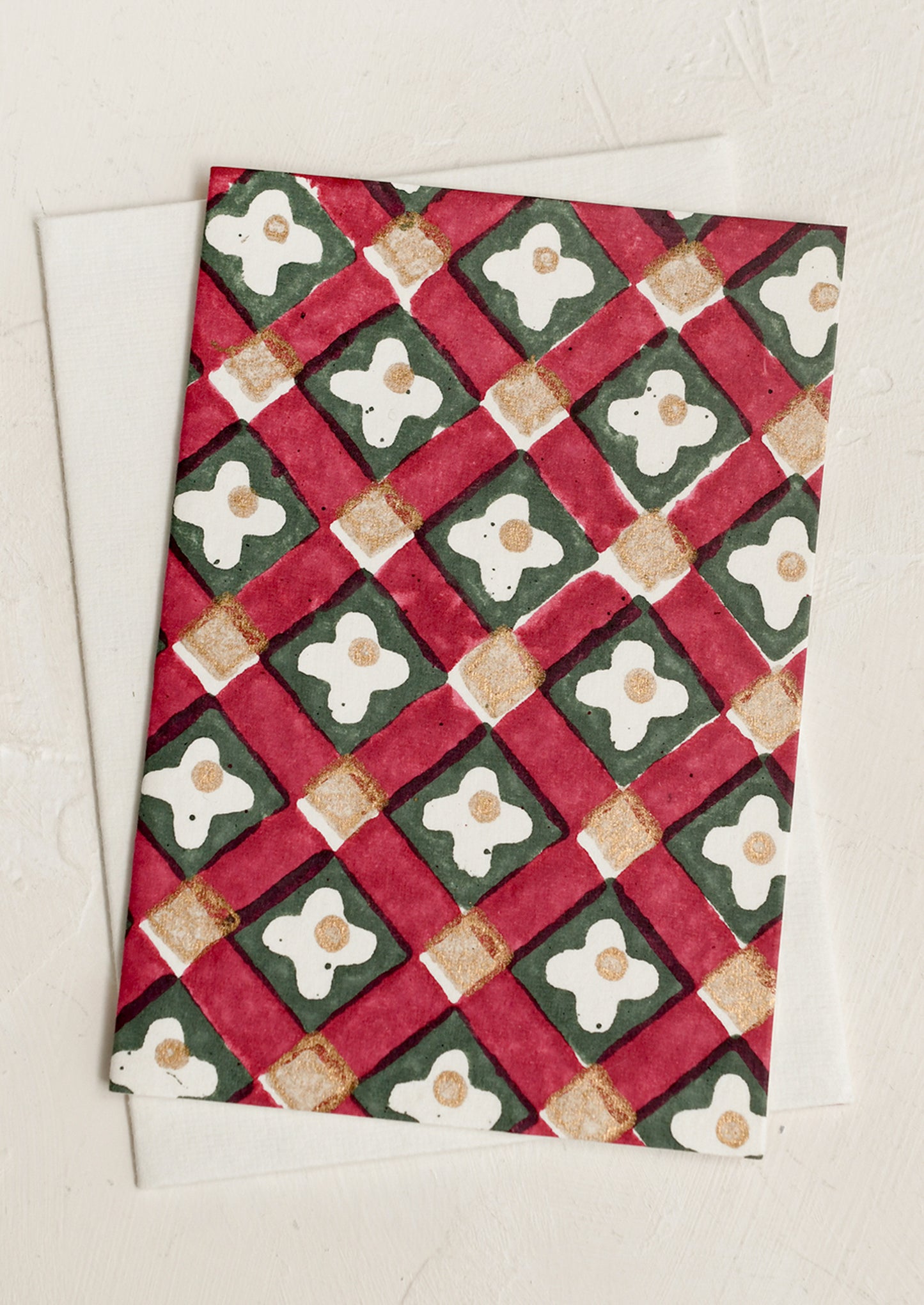 A block printed greeting card in red floral check pattern.
