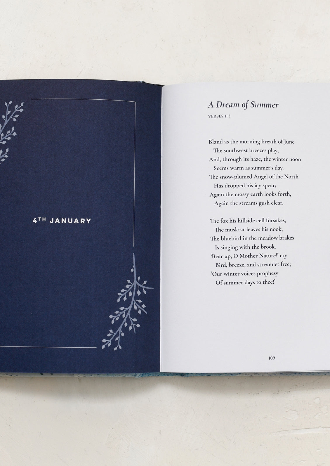 Open book with a navy blue page and white text page on a light background