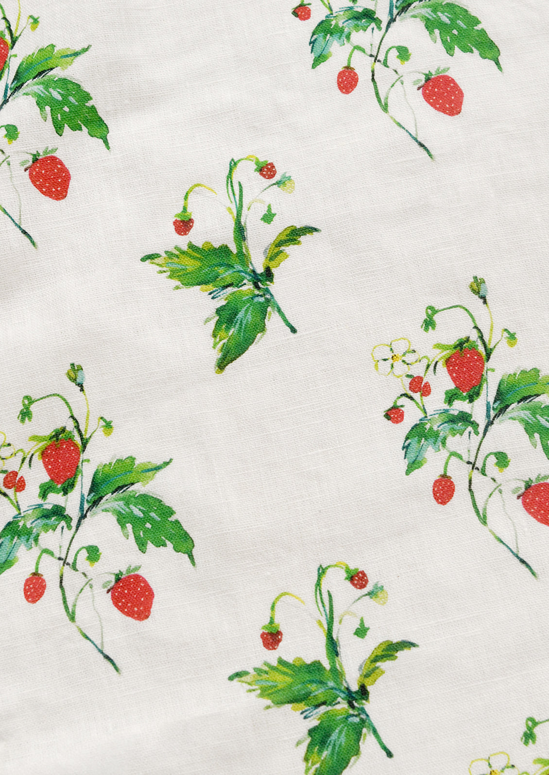 Pattern of strawberries and green leaves on a white background