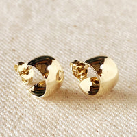 1: A pair of wide and thick chunky mini hoop earrings with post back in gold.
