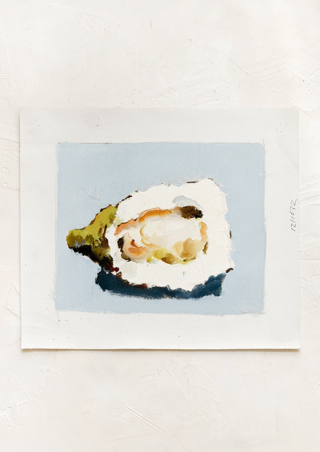 1: An oil painting on unstretched canvas of still life oyster on blue background.