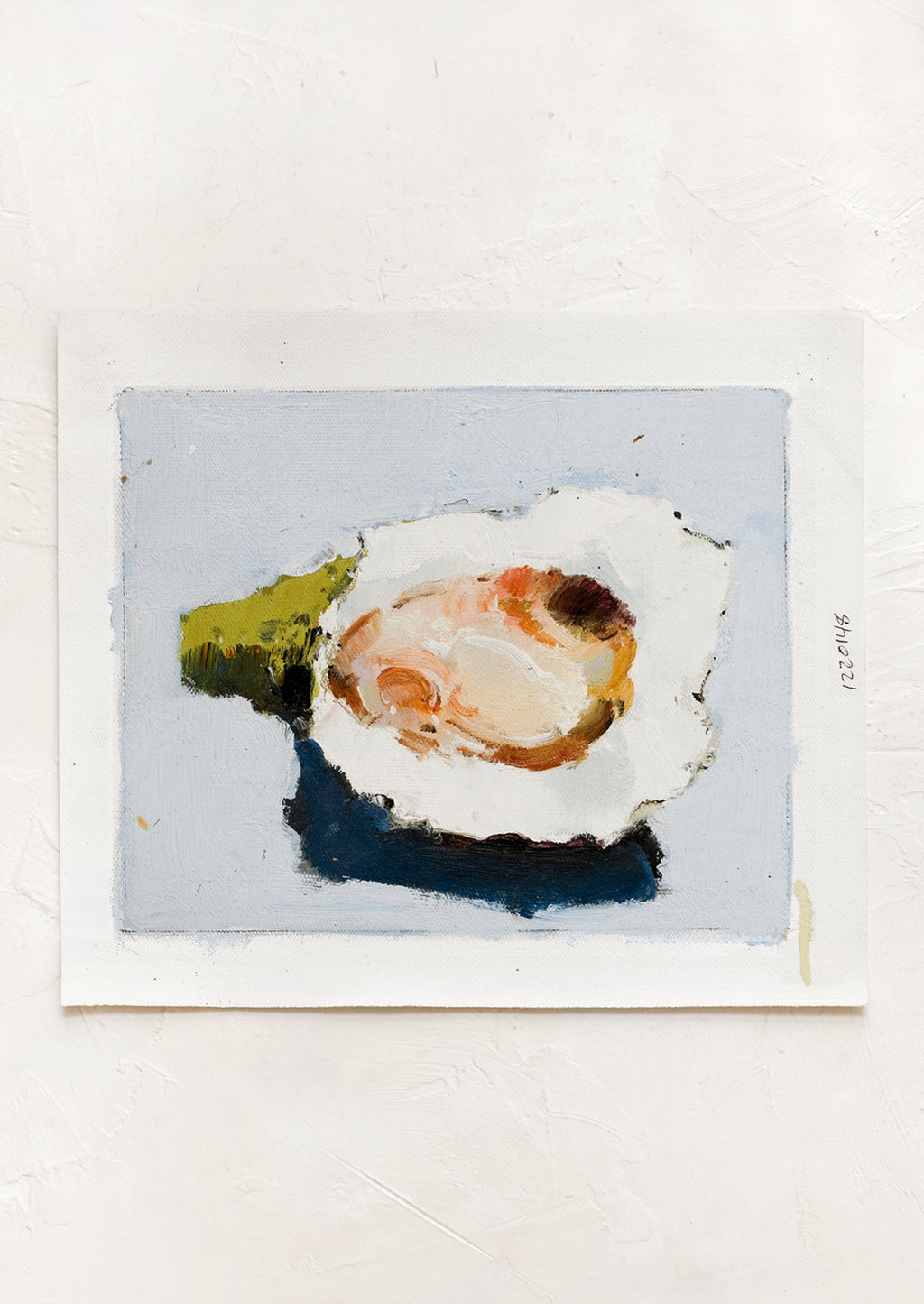 1: An original oil painting of oyster still life on light blue background.