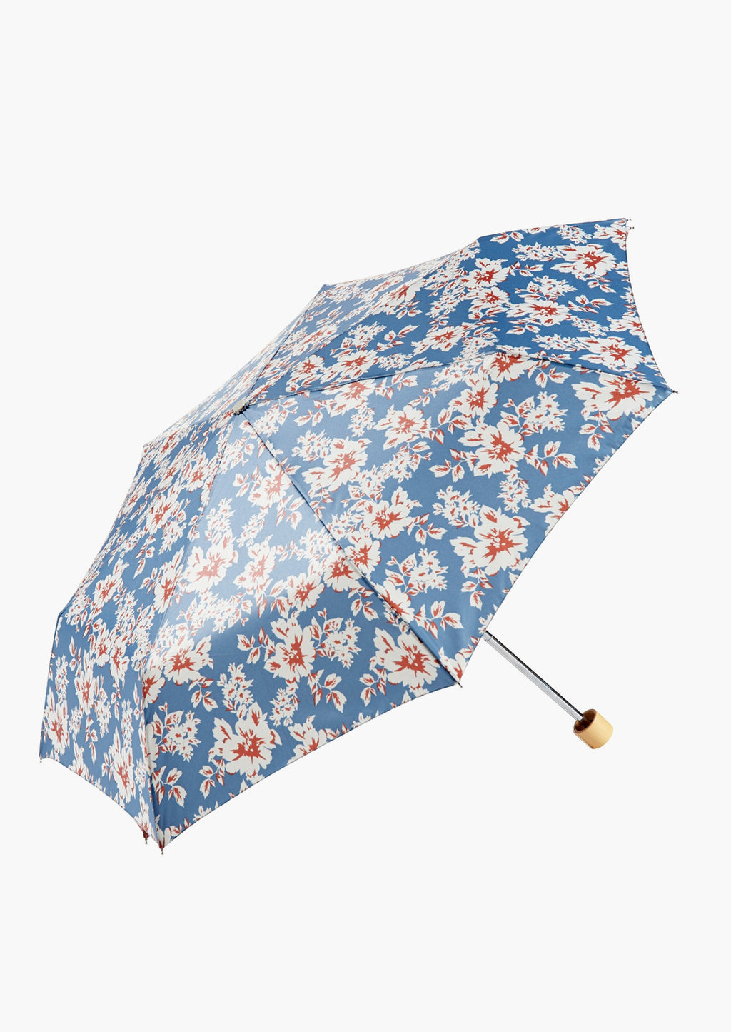 French Blue / Rust: A light blue and red floral print umbrella.