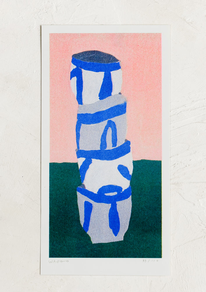 1: A risograph print of stack of blue and white bowls on pink and emerald background.