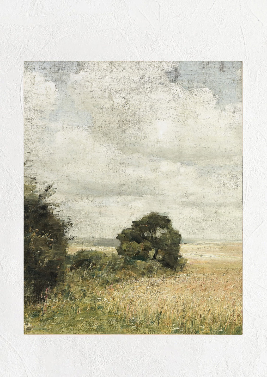 1: An antique inspired landscape art print of tree in wheat field.
