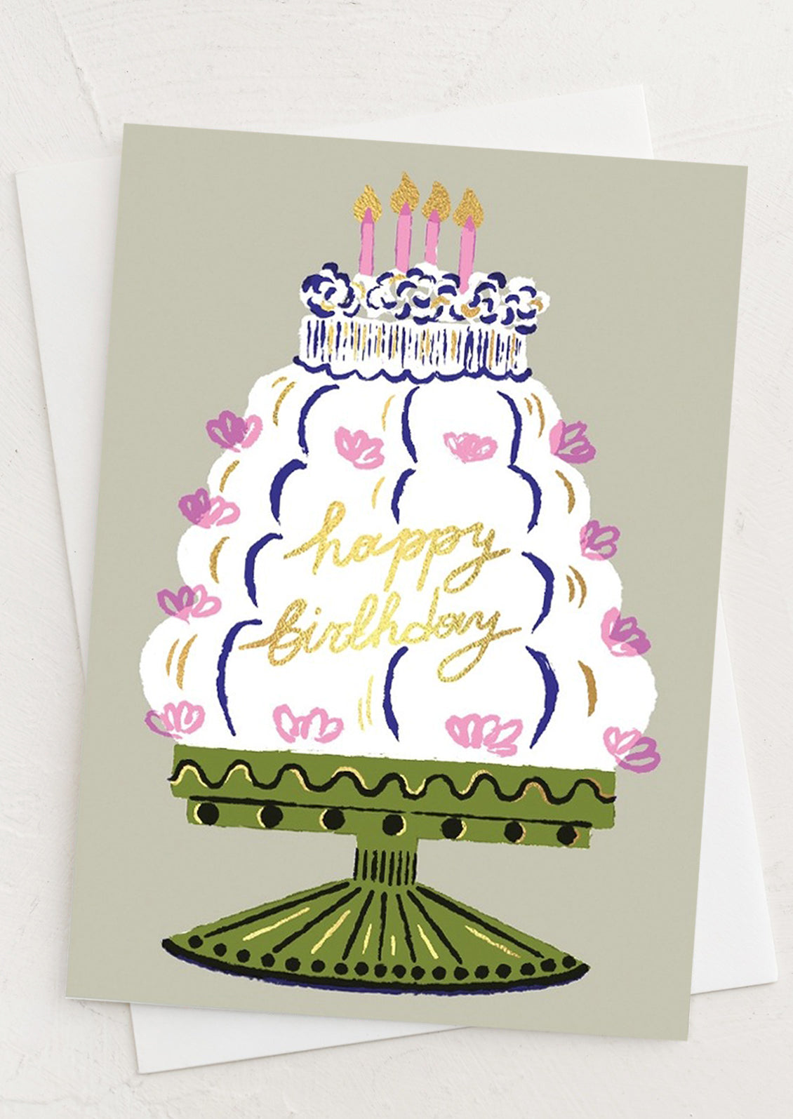 A birthday cake card reading Happy Birthday in gold letters.