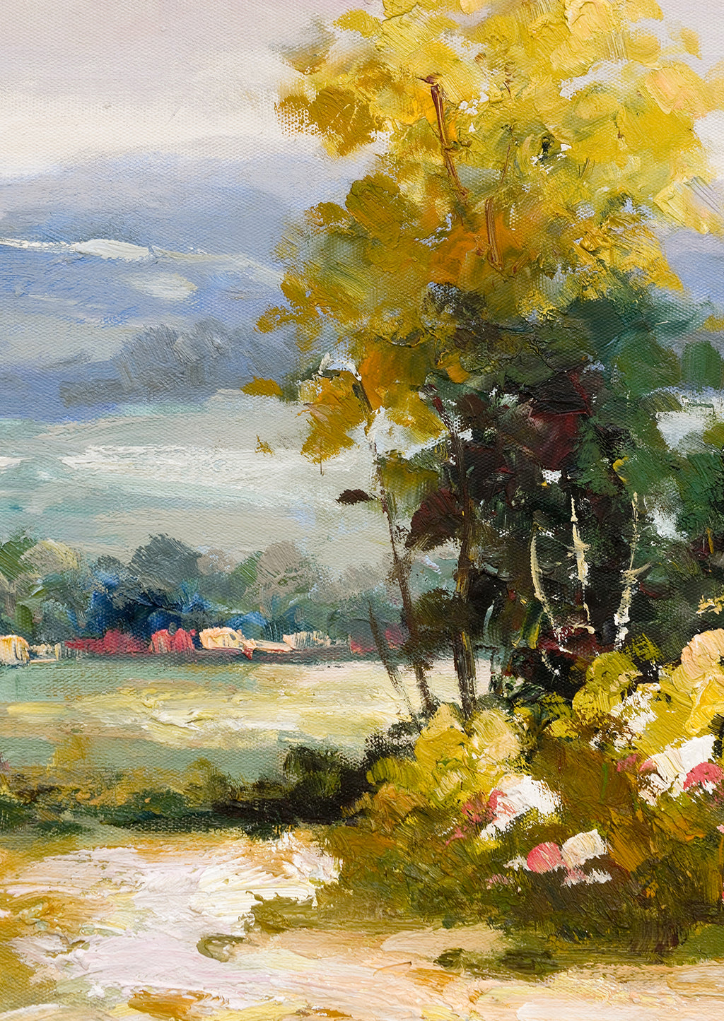 2: An original oil landscape painting with tree and houses in distance.