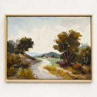 1: An original landscape oil painting depicting a path between trees.