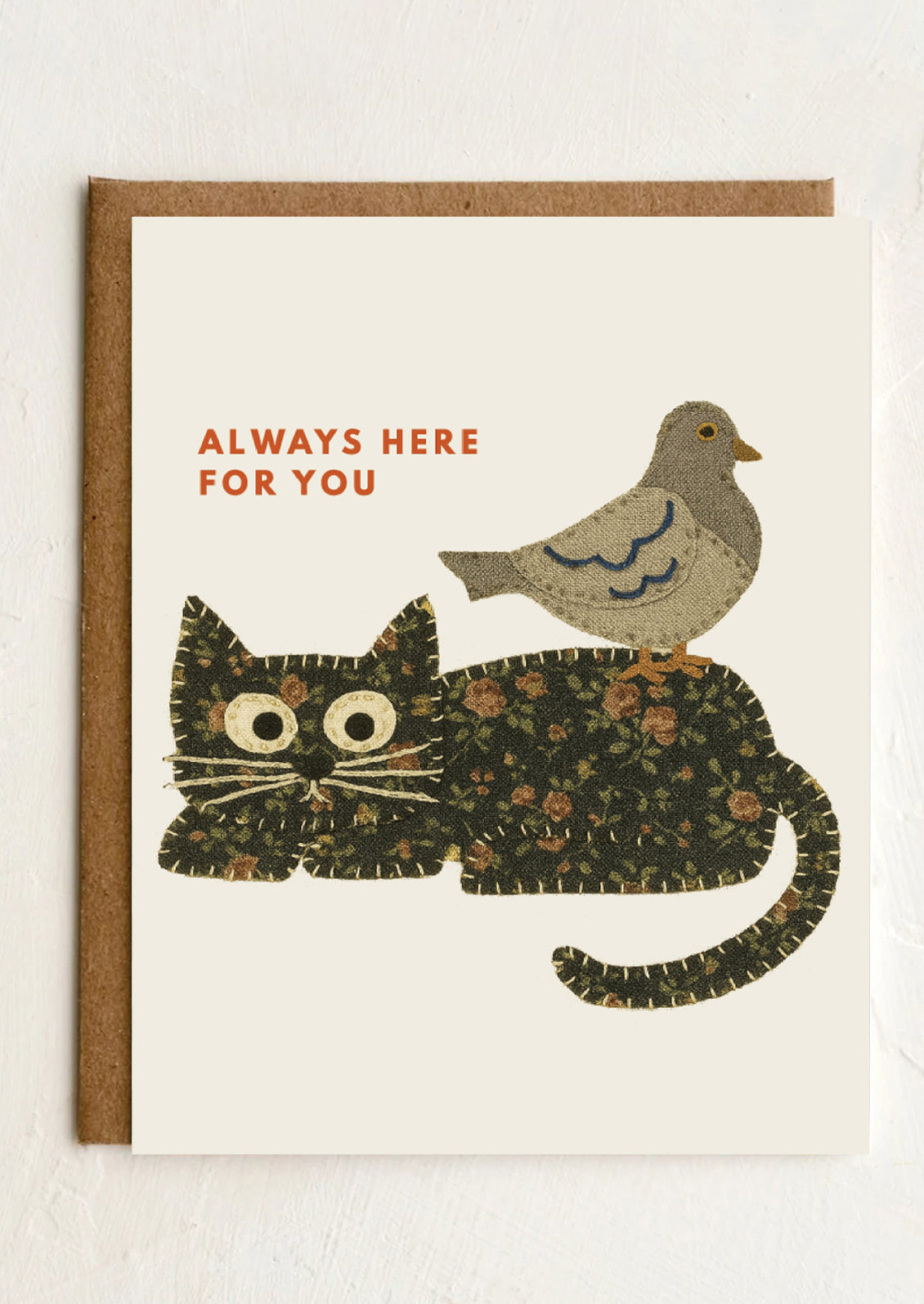 Card with a cat and bird illustration and 'Always Here For You' text on a white background.