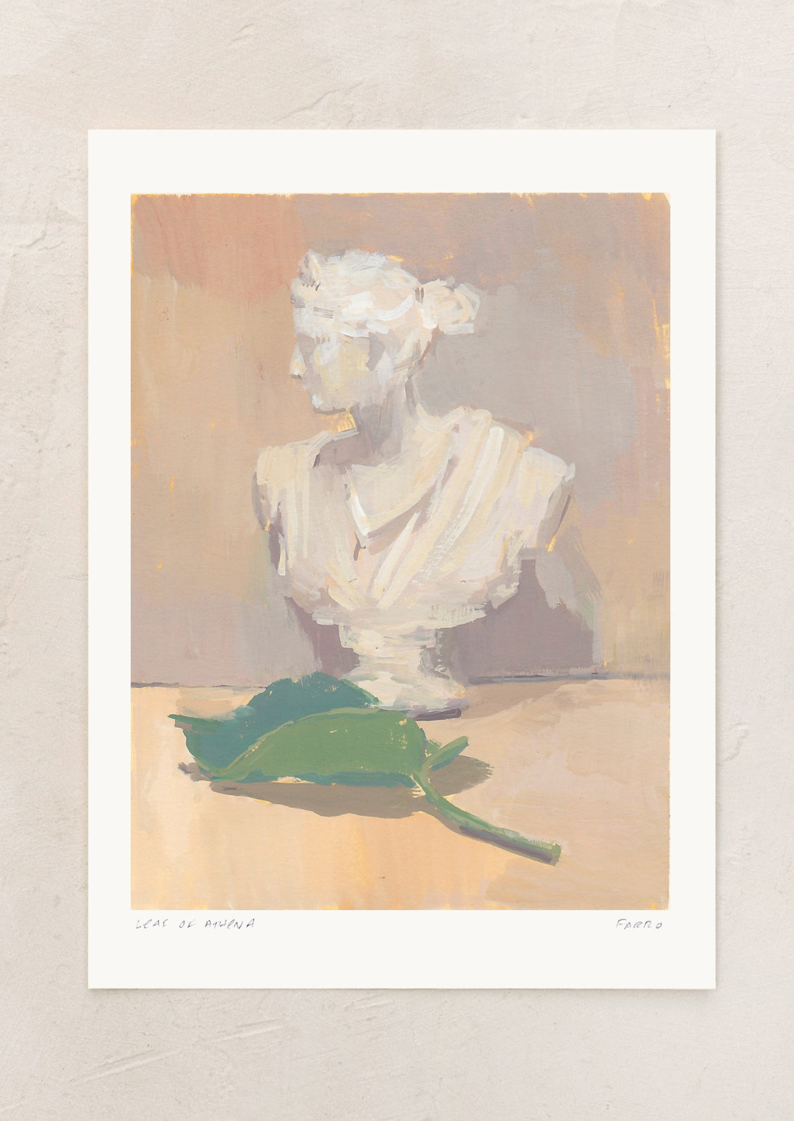 A fine art print of still life of Athena bust and green leaf.