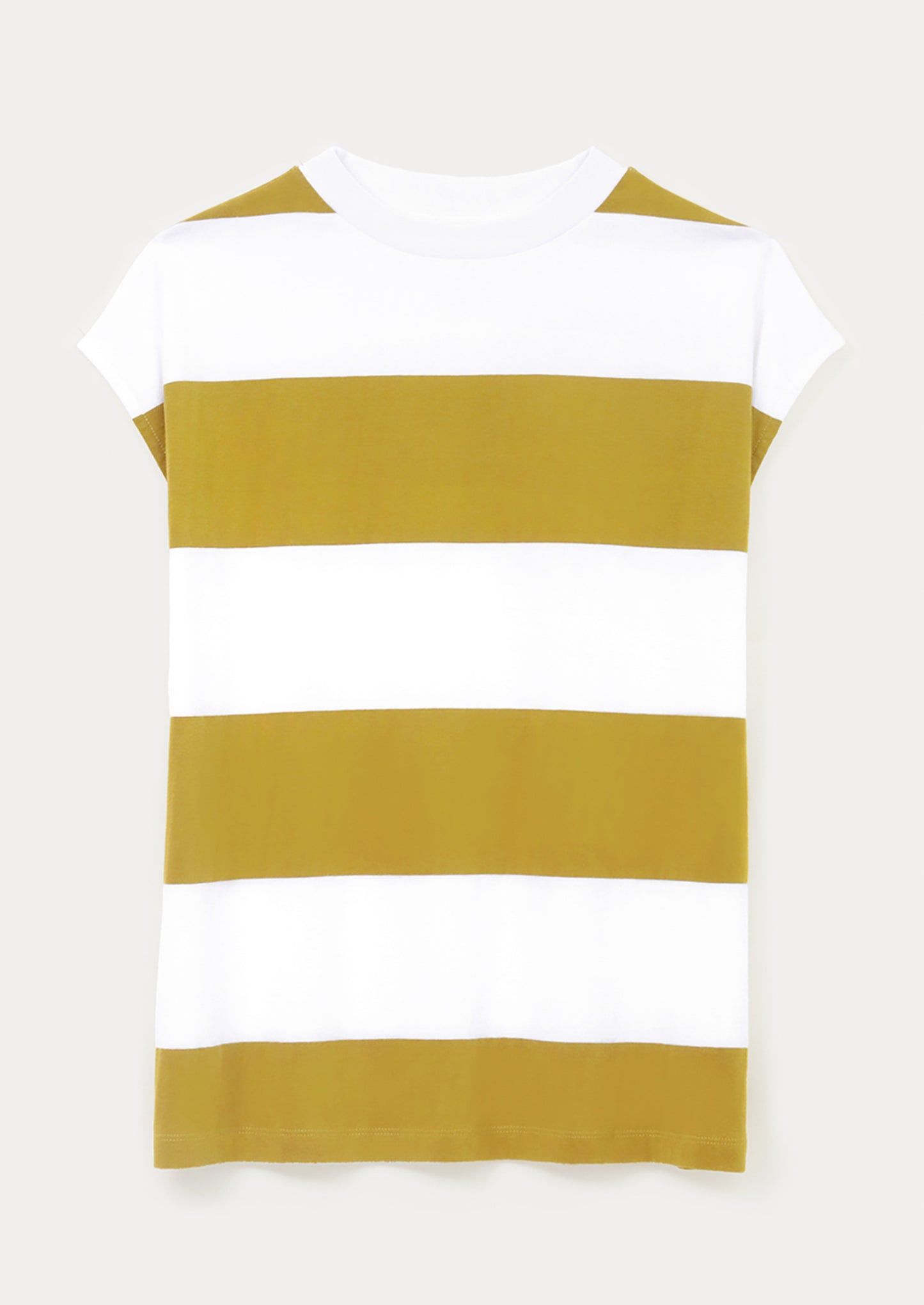 A woman wearing a white and mustard striped muscle tee.