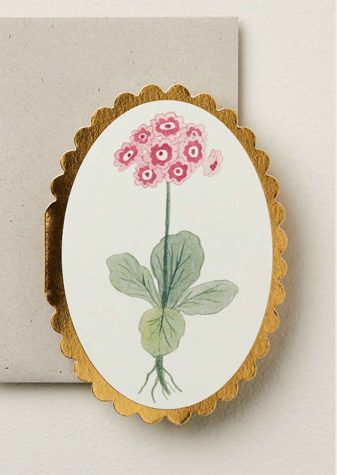 A small oval shaped card with scalloped edges and auricula flower drawing.