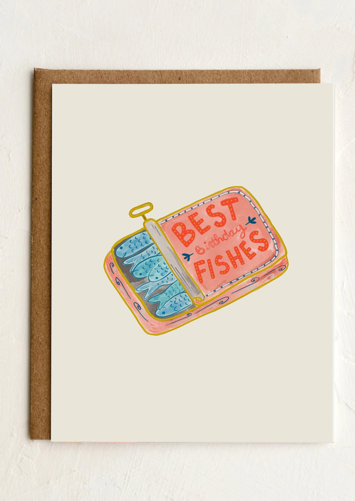 Card with a fish can illustration and 'Best Birthday Fishes' text on a white background