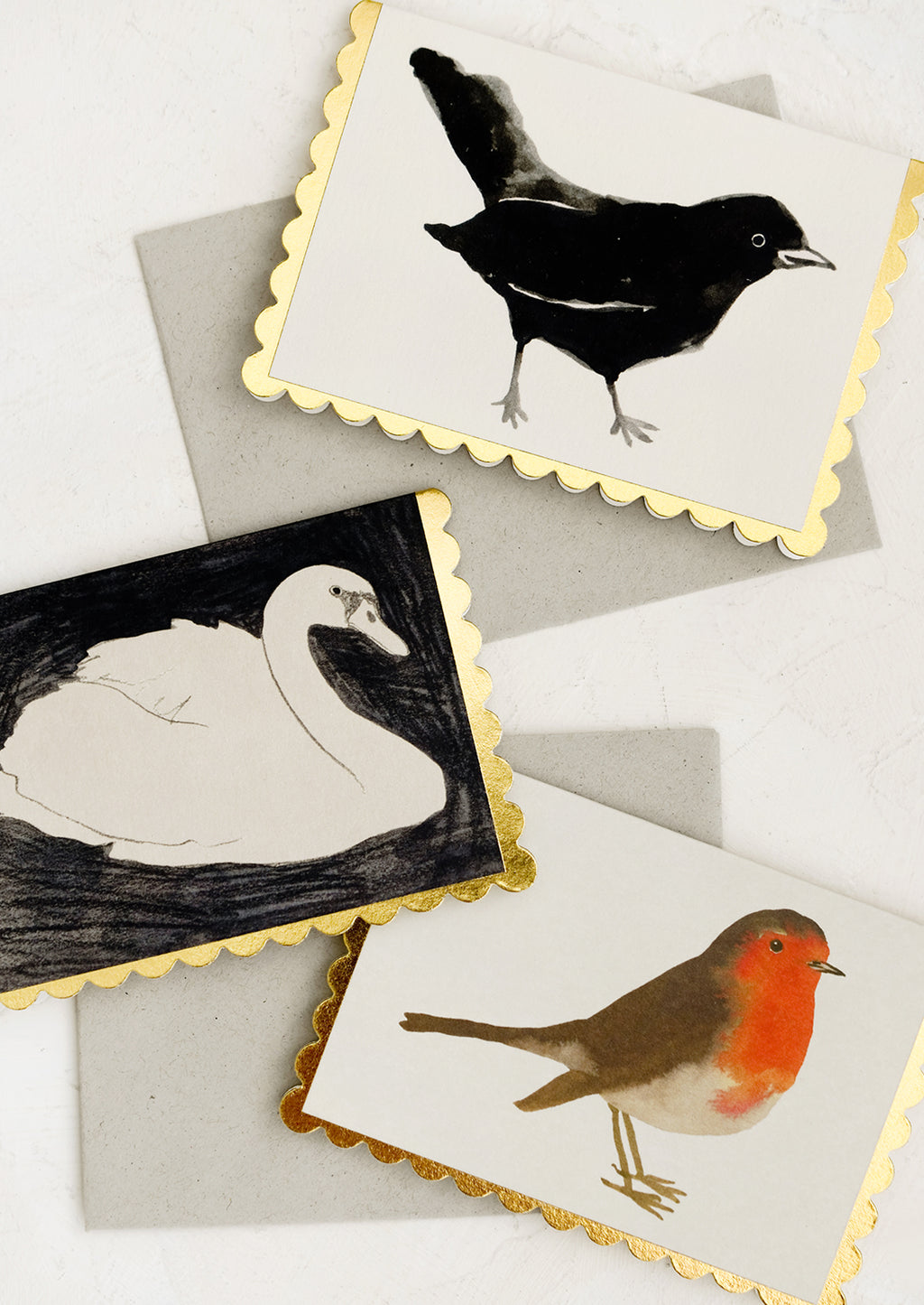 1: Scalloped edge cards with different styles of birds.