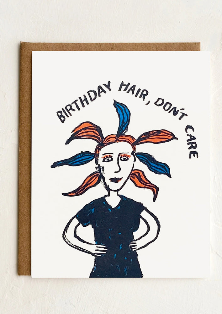 1: A card with image of woman with spiky hair, text reads "Birthday hair, don't care".