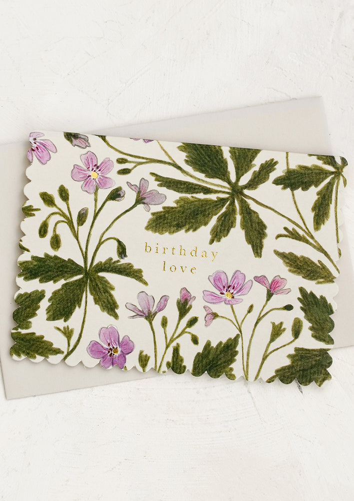 1: A geranium floral print card with text reading "Birthday love".