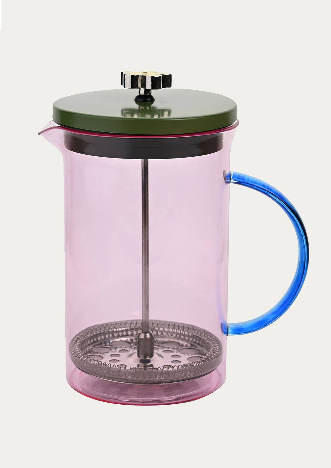 A pink glass french press with blue glass handle and green enameled lid with flower handle.