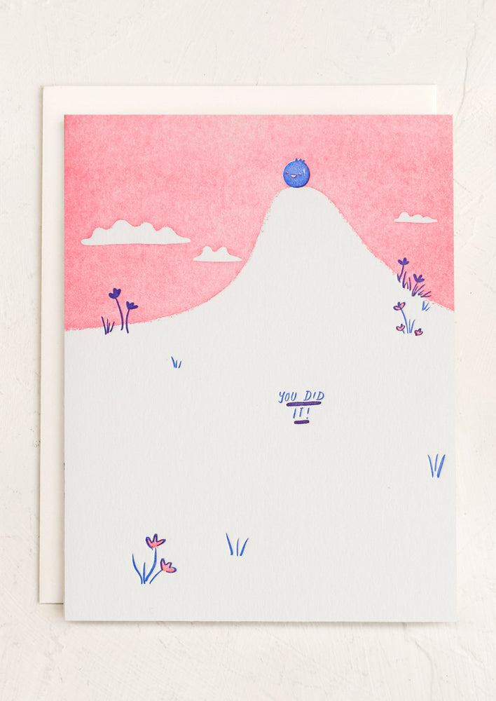A card with image of blueberry atop a hill, text reads "You did it!".