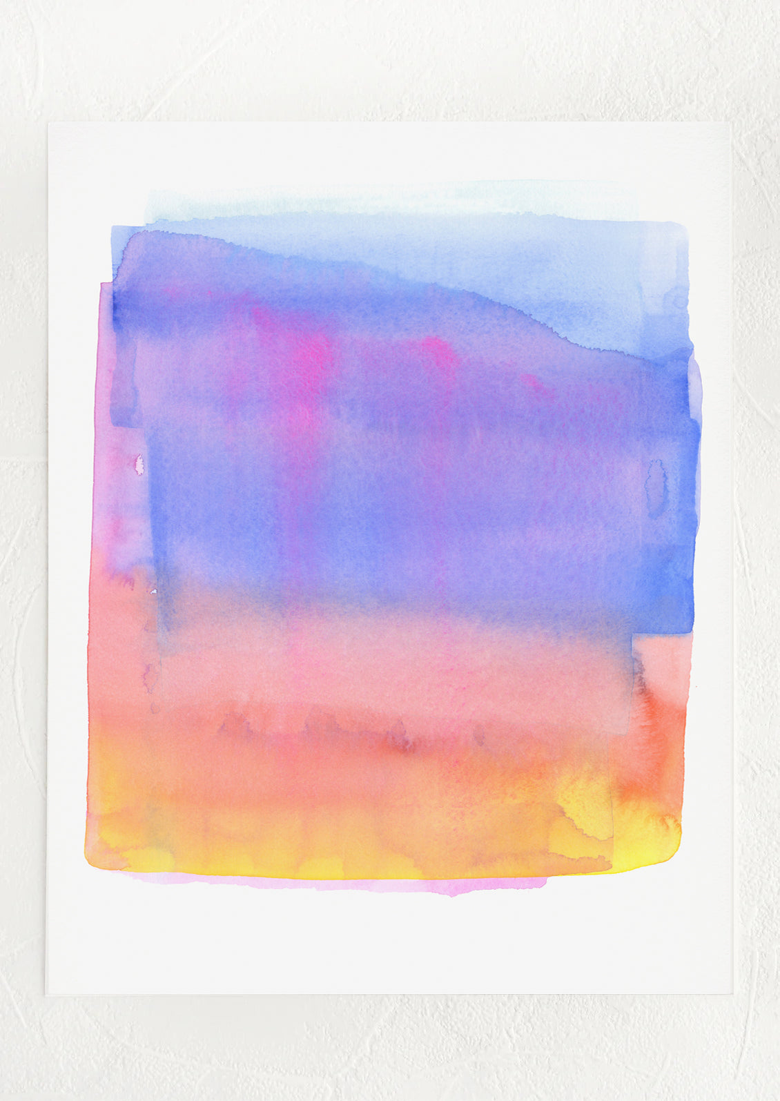 An abstract watercolor art print with layered colorform in bright tones of blue, purple, pink and orange.