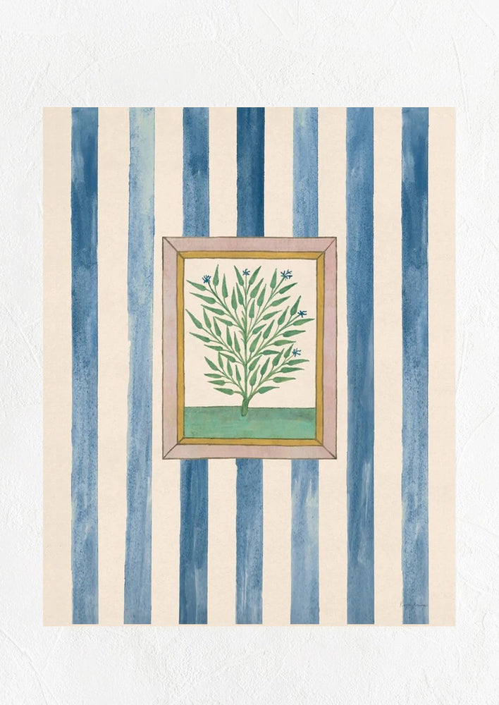 1: An art print with vertical blue stripes and framed herb graphic at center.