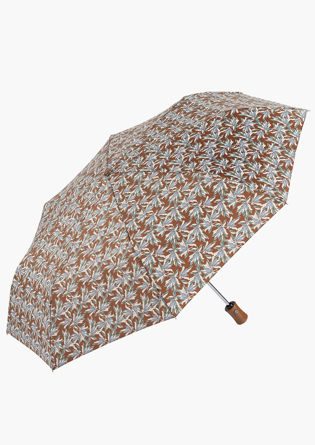 Brown / Slate Blue: A brown and blue floral print umbrella.