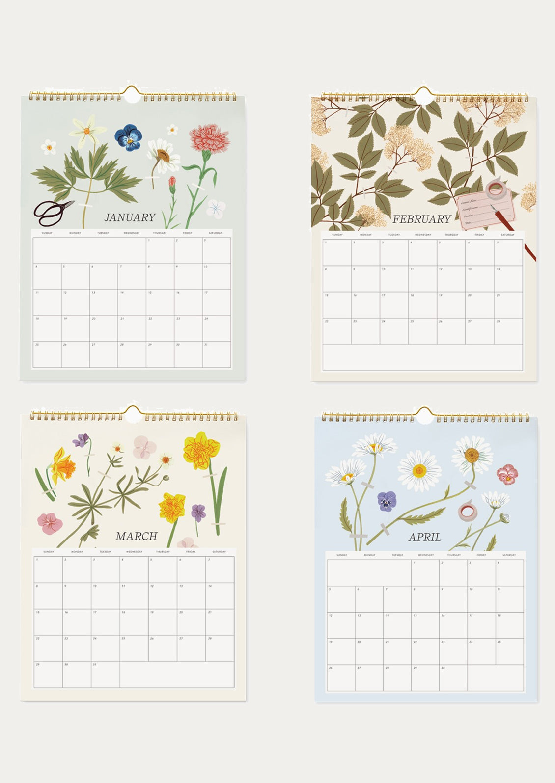 Four floral-themed calendar pages for January, February, March, and April on a white background.