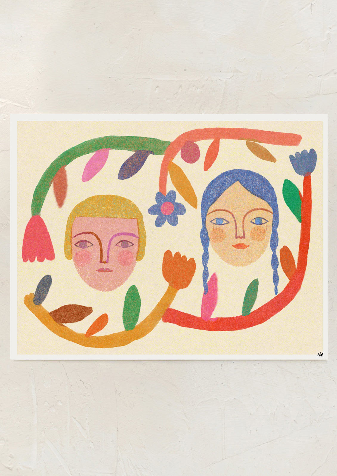 Illustration of two women with colorful hair and flowers on a beige background