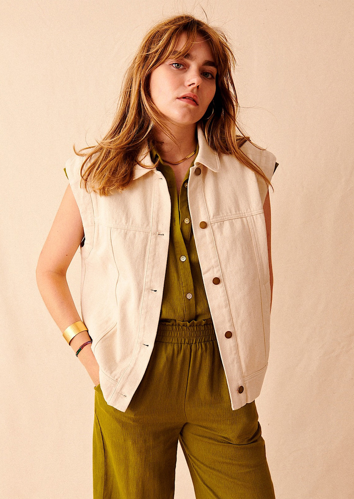 sleeveless denim jacket with dress Sleeveless Denim Dress Outfit