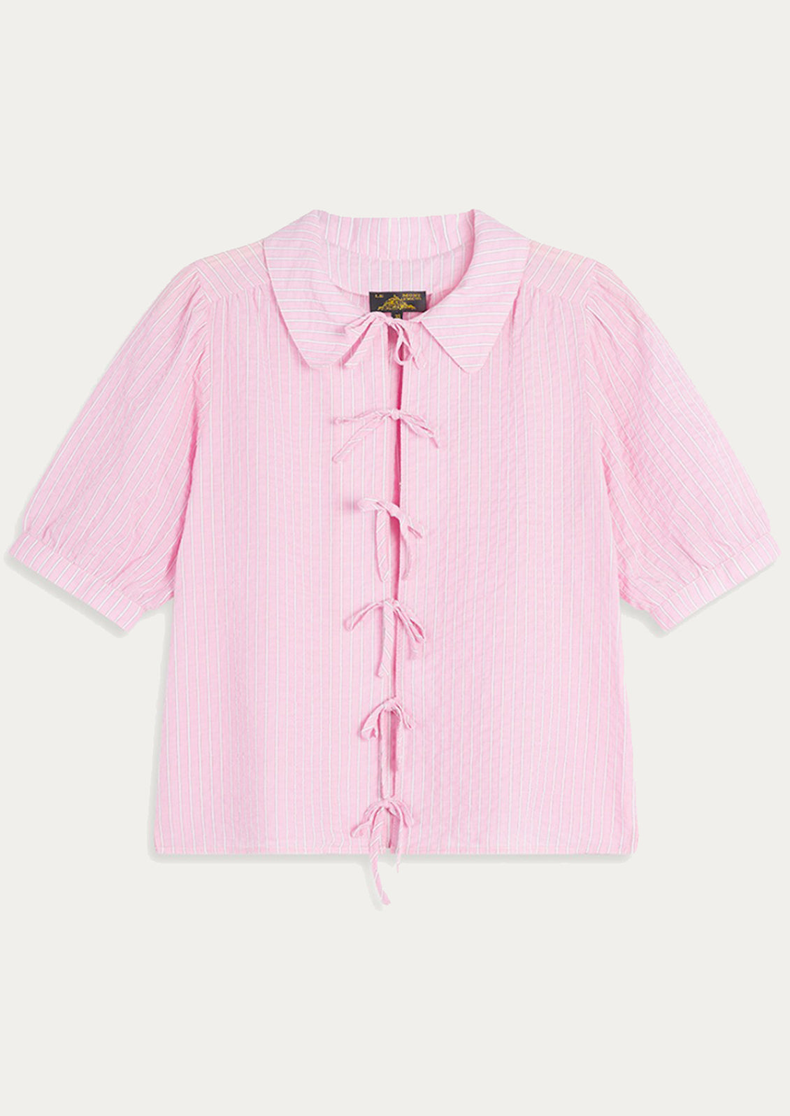 A short sleeve blouse in pink stripe cotton with tie front closure.