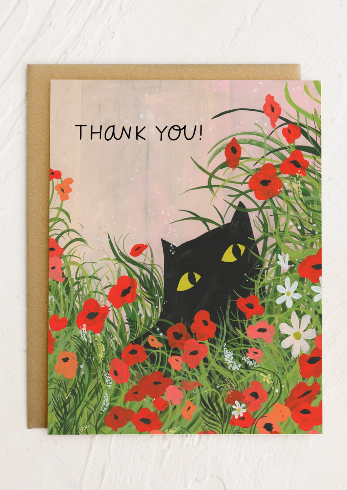 Greeting card with a black cat in flowers and 'Thank You!' text.