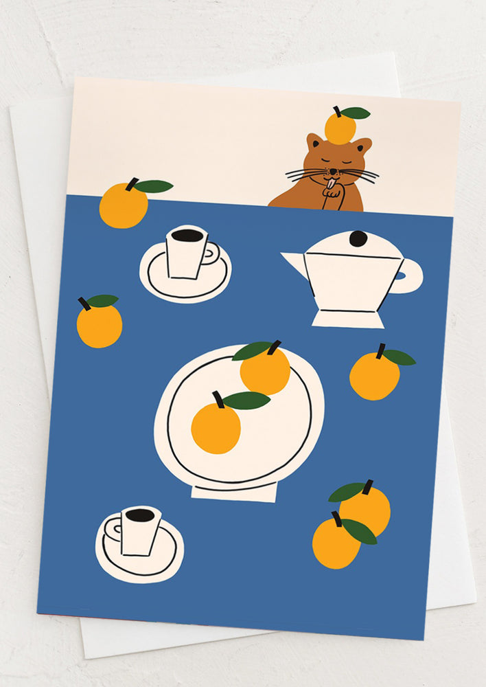 1: Illustrated card with coffee, oranges and cat at table.