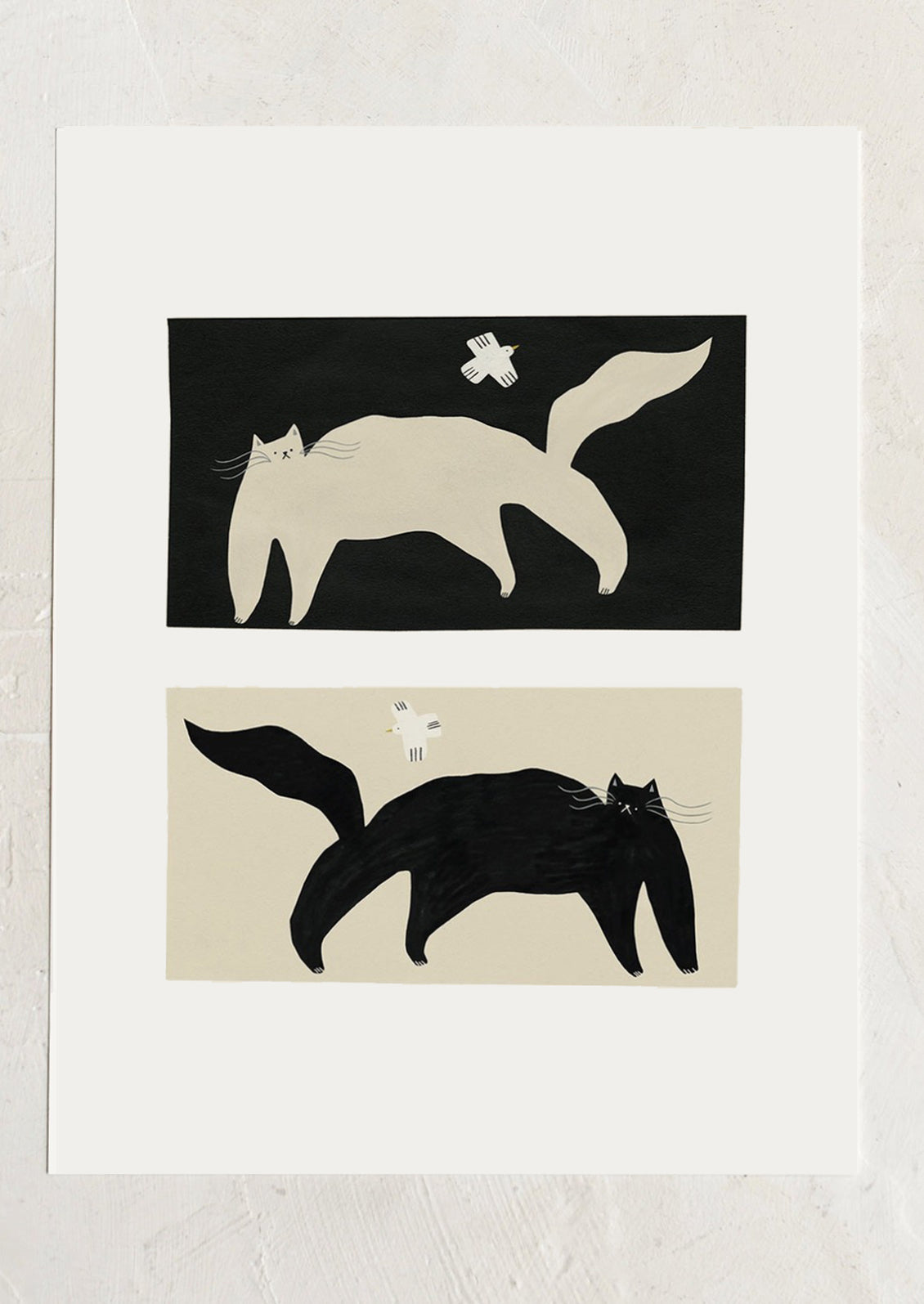 An art print with two abstract cat illustrations in inverse black and white on a white background.