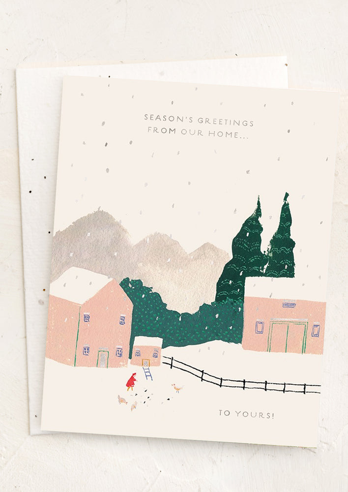 A card reading "Season's greetings from our home to yours" with farmhouse design.