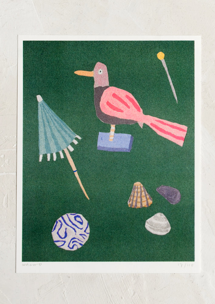 1: A risograph art print depicting a playful collection of small objects on green background.