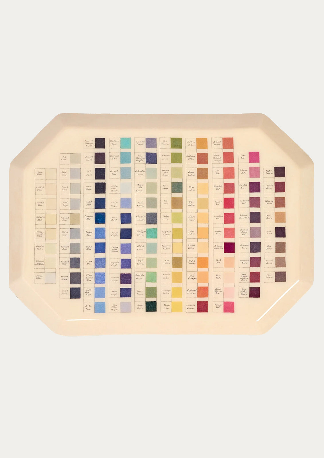 An enamel tray with pattern of color swatches on cream background.