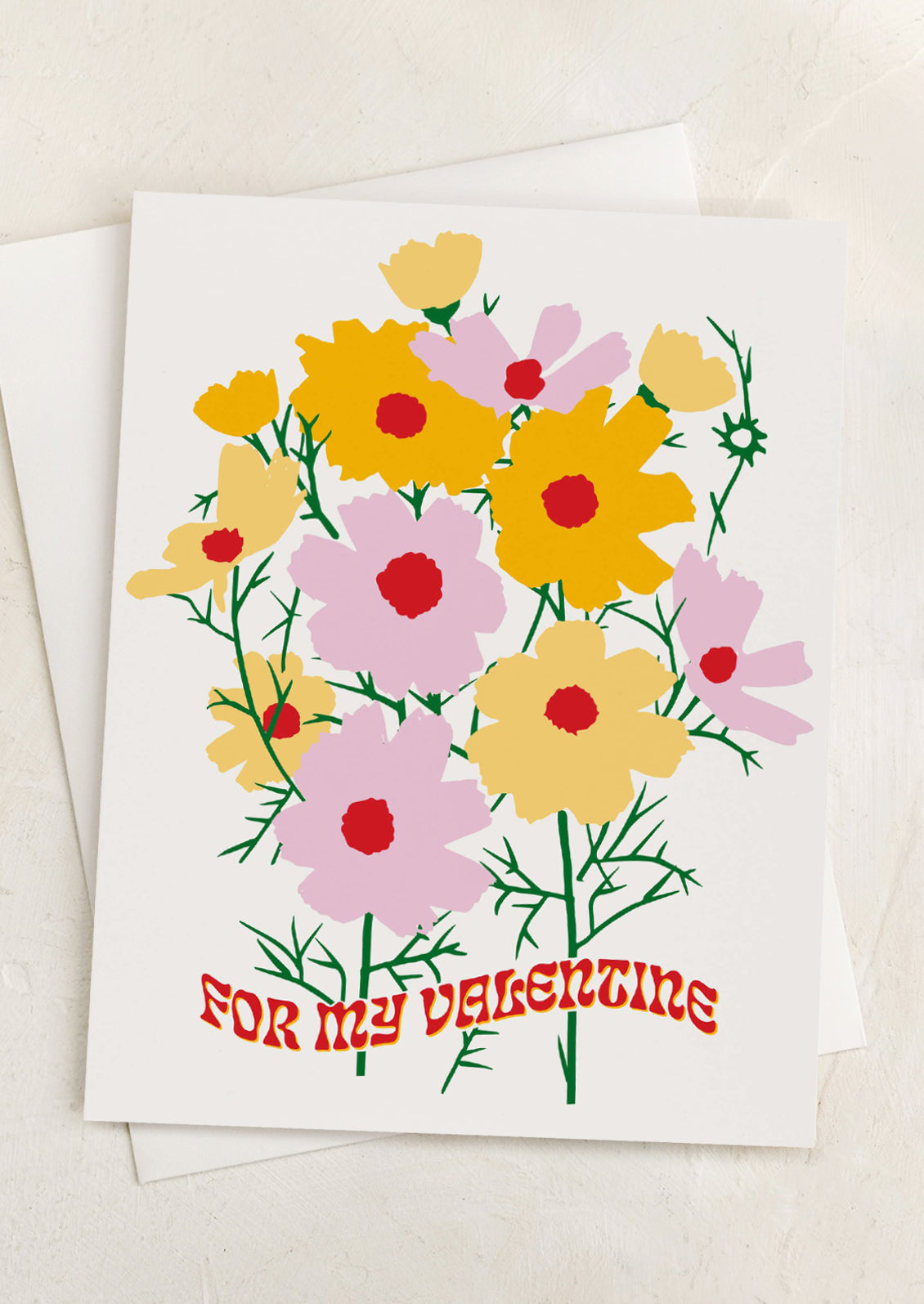 A greeting card with illustration of cosmos and text reads "For my Valentine".