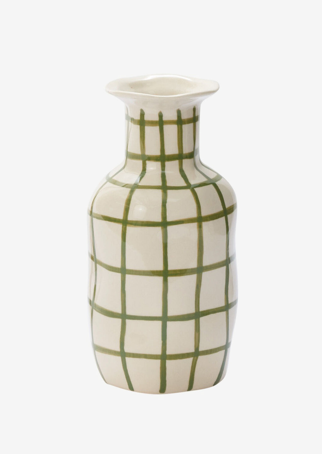 1: A ceramic vase in white with green grid pattern.