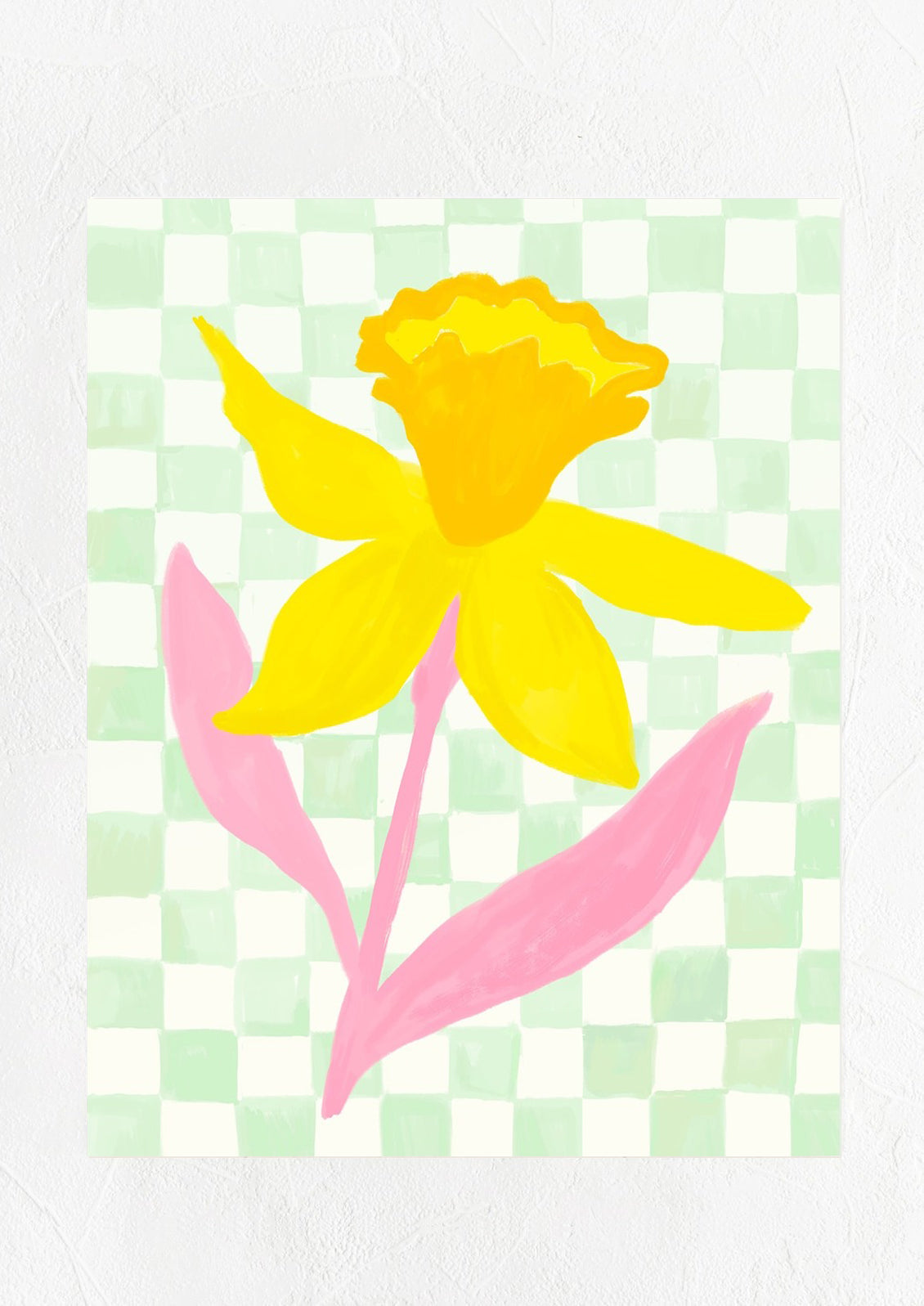 An art print with mint green checker patterned background and yellow and pink daffodil.
