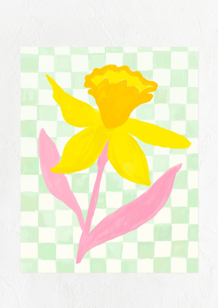 1: An art print with mint green checker patterned background and yellow and pink daffodil.