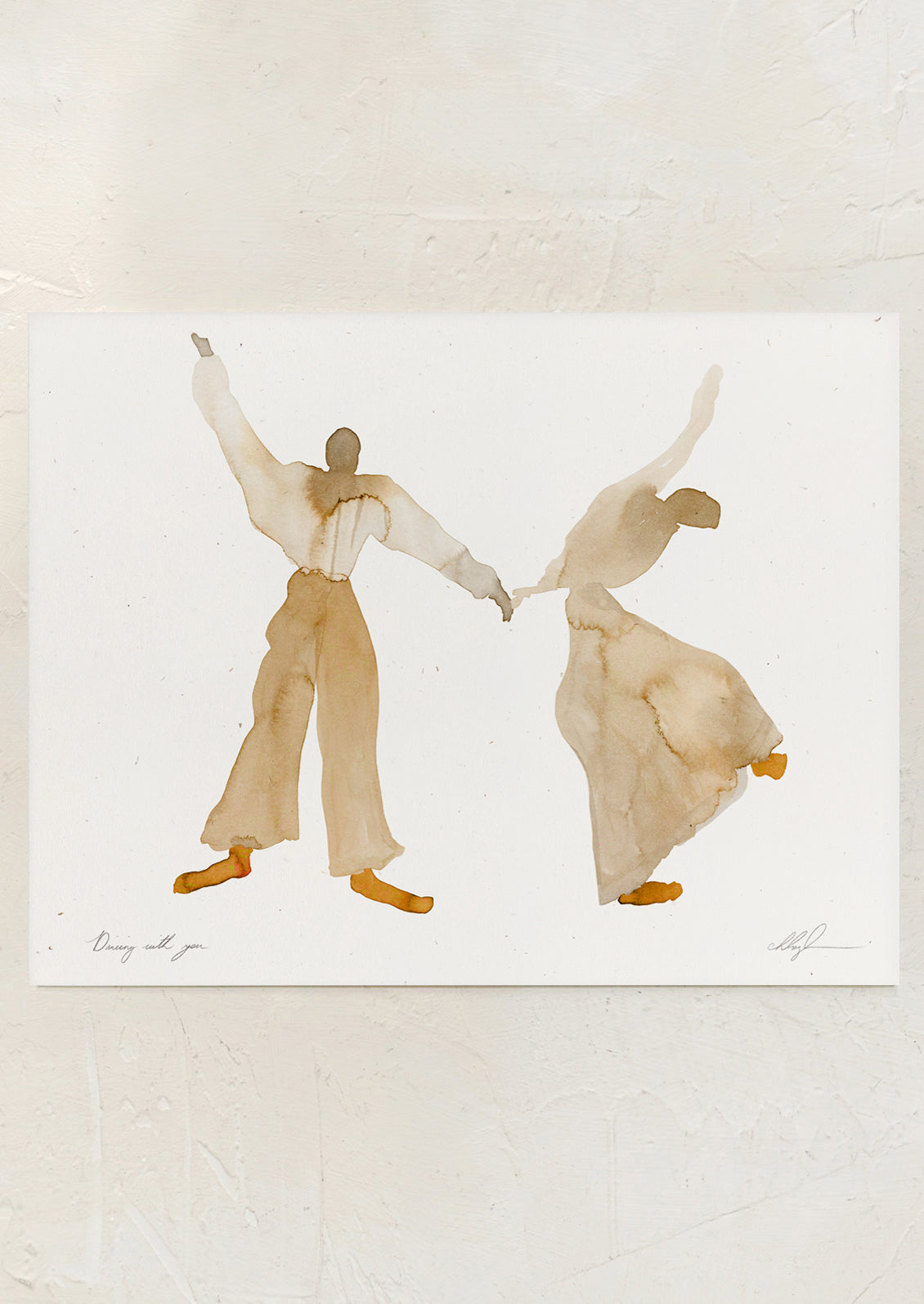 Artistic depiction of two people dancing on a plain background