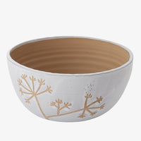 1: White and brown ceramic bowl with flower motif.