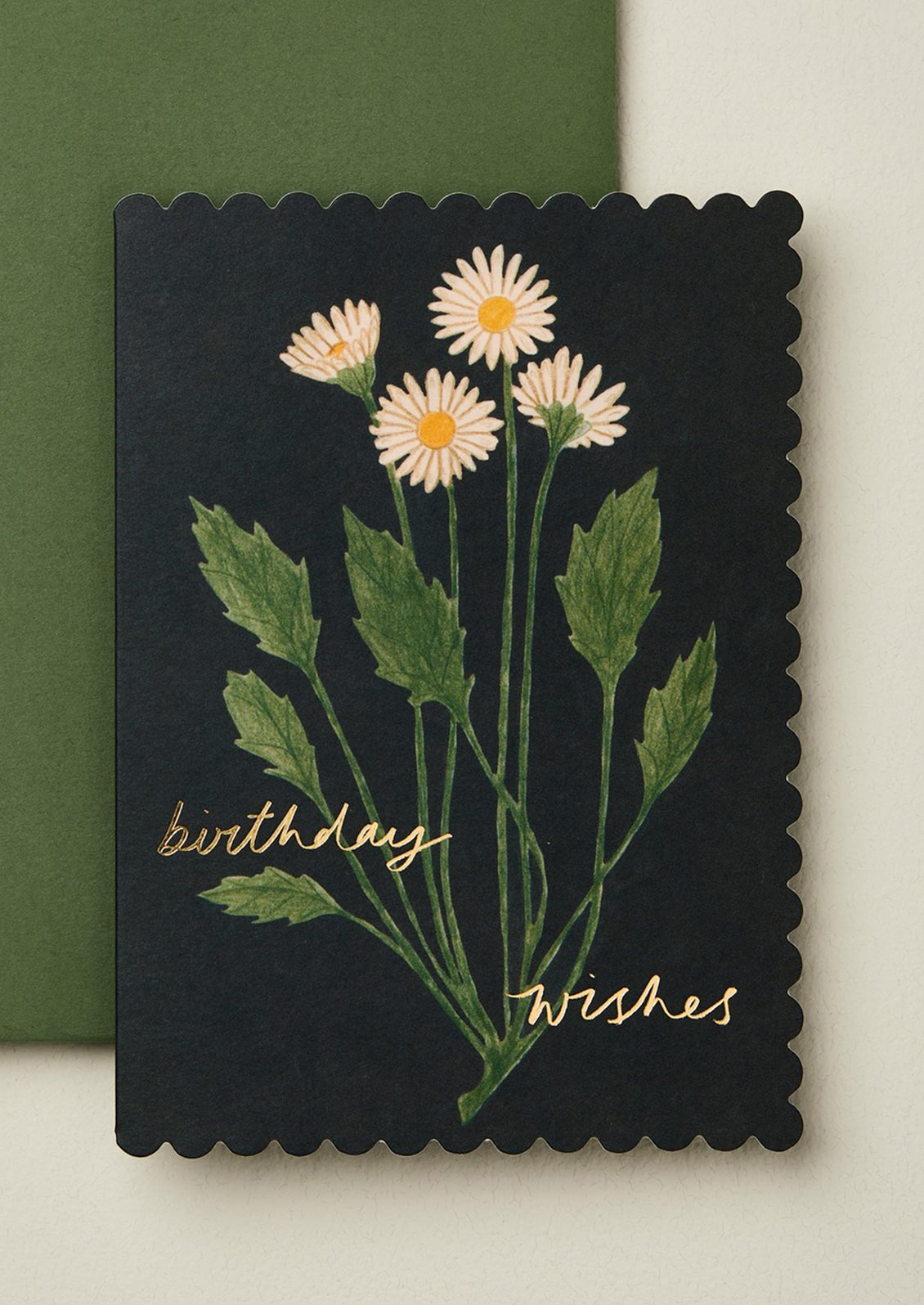 Black card with white flowers and 'birthday wishes' text on a green background