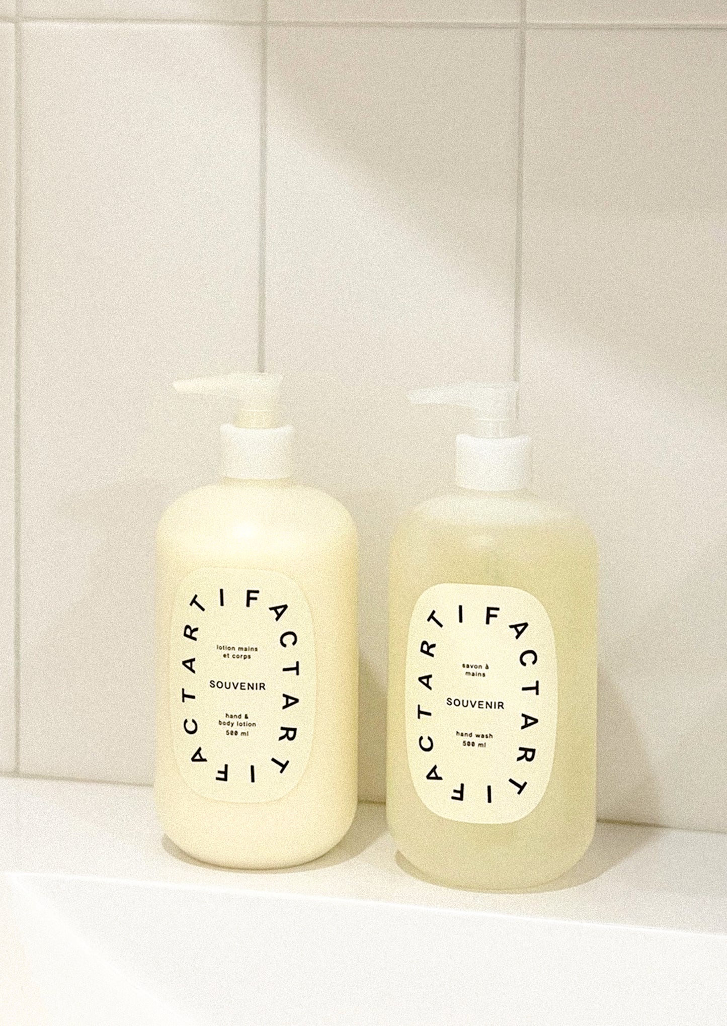 A pump bottle of lotion in Souvenir scent.