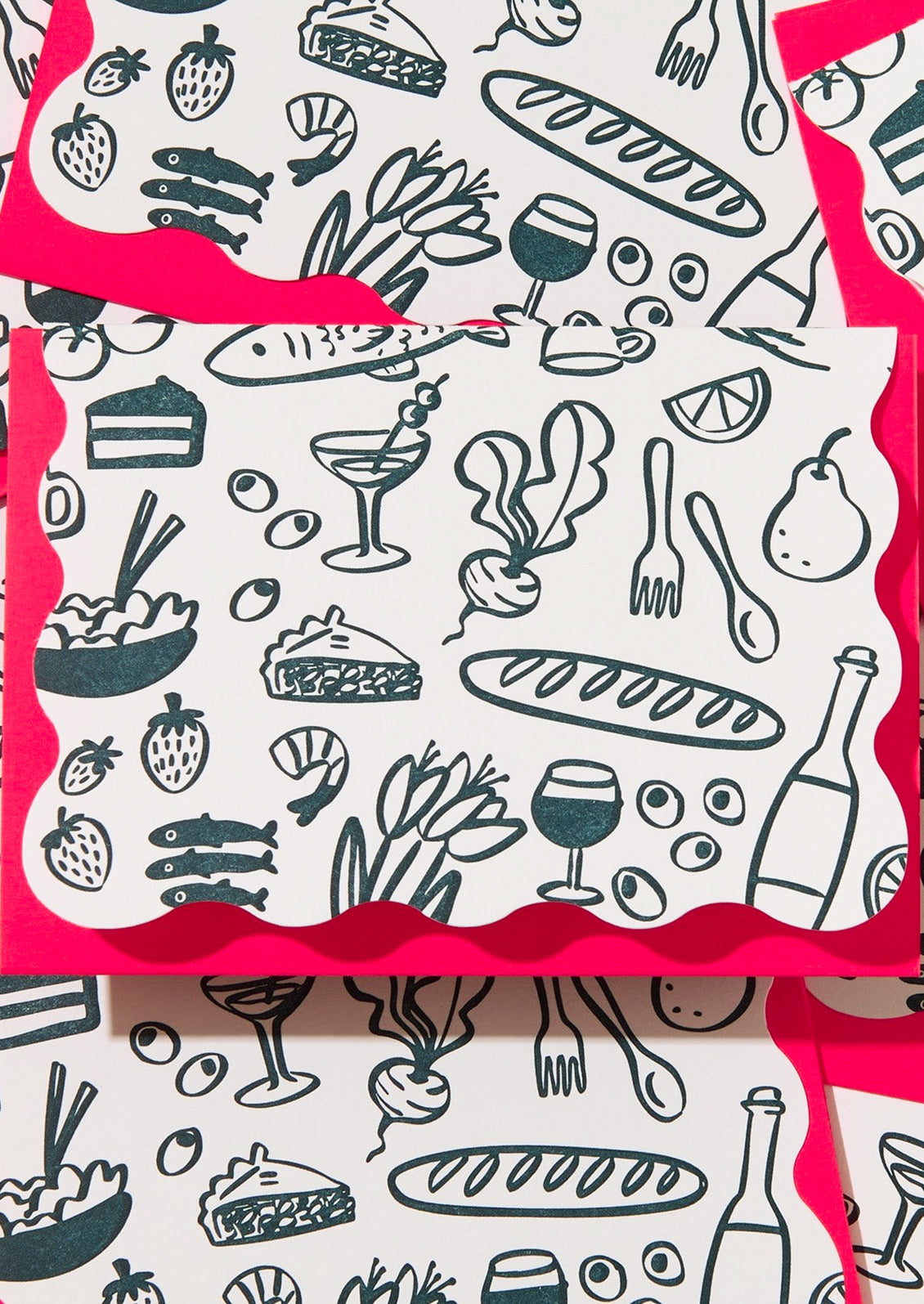 Pattern of food illustrations with a pink border on a white background