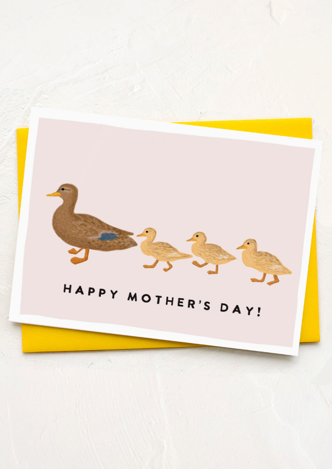 Mother's Day card with a duck and ducklings illustration on a pink background